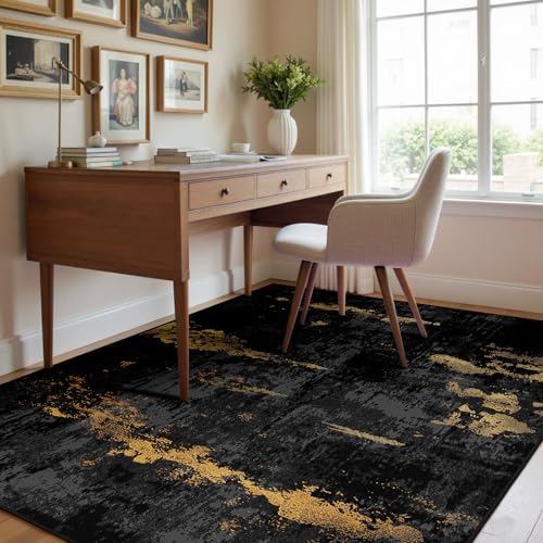 Washable 4'x5' Abstract Area Rug for Living Room Black Gold (Black/Gold / 4' x 5' (Rectangular))