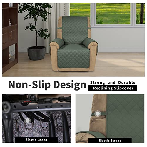 Recliner Chair Slipcover Reversible Sofa Cover Water Resistant Couch Cover Furniture Protector with Elastic Straps for Pets Dog (Greyish Green/Beige / Medium Recliner)