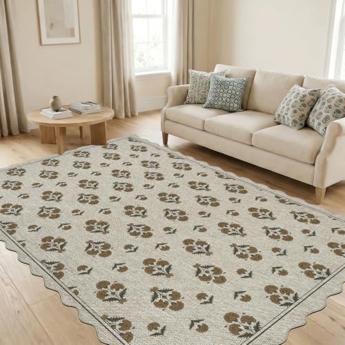Scalloped Easy Jute 5x6.9 Area Rug Vintage Yellow Block Floral (6'11" x 5' (Rectangular) / Yelllow Block)