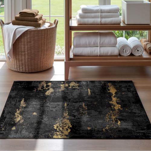 Washable 2'x3' Abstract Area Rug for Living Room Black Gold (Black/Gold / 2' x 3' (Rectangular))