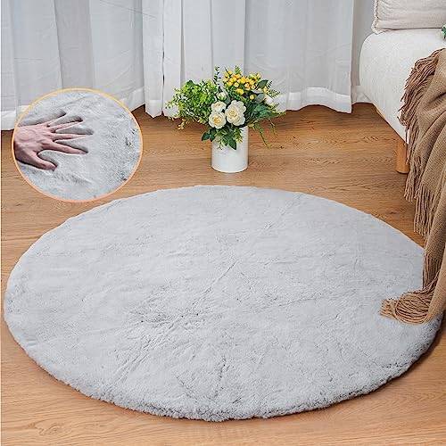 Round Furry Rugs for Living Room Faux Rabbit Fluffy Fur Rug for Bedroom Washable Area Rugs Boho Circle Rug Grey Shag Rug 4ft (4' (Round) / Grey)