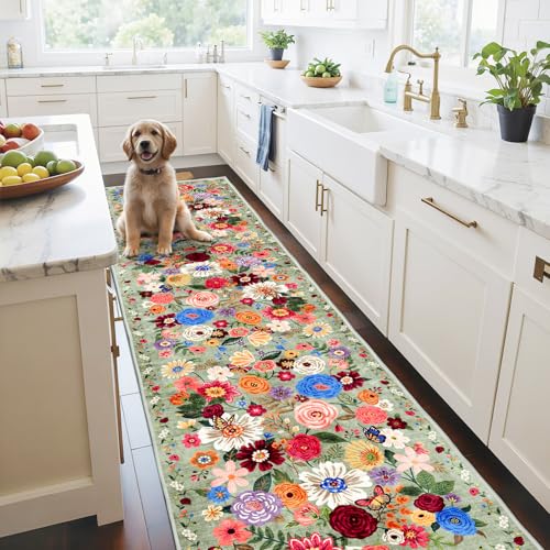 Green Floral Hallway Runner Rug 2'6"x14 for Bedroom Kitchen (Green / 2'6" x 14' (Rectangular))