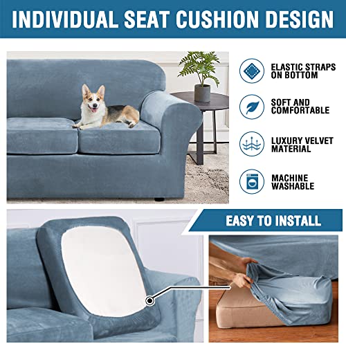 Real Velvet Plush 3 Piece Stretch Sofa Covers Couch Covers for 2 Cushion Couch Loveseat Covers Width Up to 72 Inch Feature Thick Soft Stay in Place (2 Cushion Loveseat / Stone Blue)