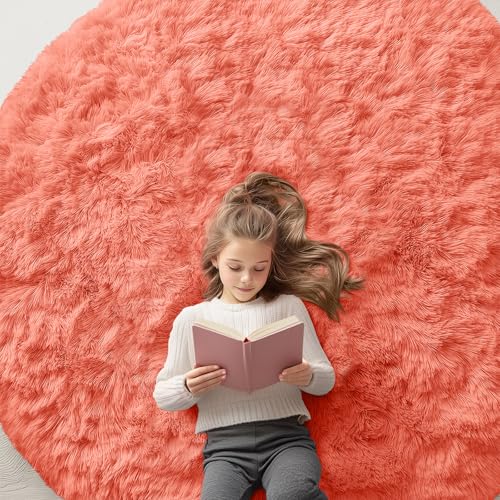 Coral Red Round Rugs for Bedroom (6 Ft Round / Coral Red)