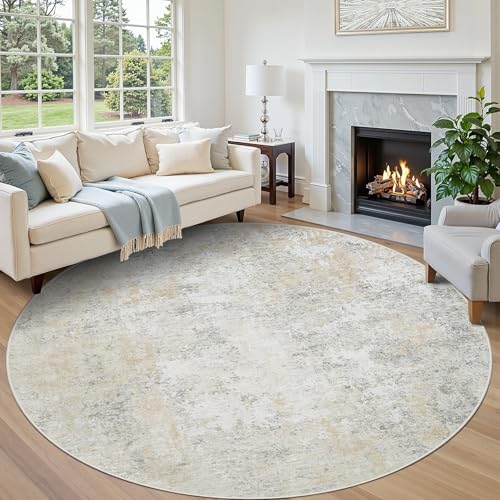Round Rug 8ft Washable Rug for Dining Room Living Room Beige Grey (Beige/Grey / 8' (Round))
