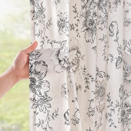 Vintage Floral Linen Curtains 96 Long for Living Room 2 Panels (Black on Beige / 50"W x 96"L (Pack of 2))