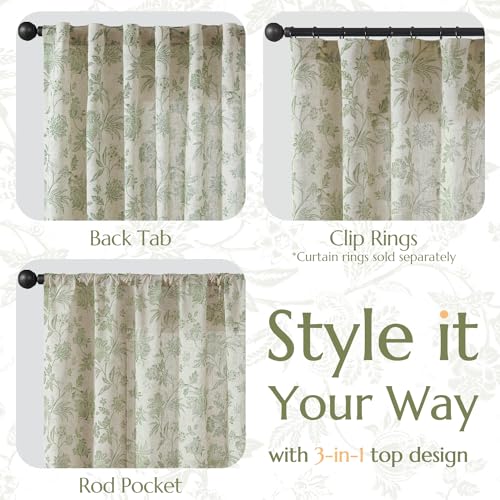 Green Floral Linen Curtains 63 Inch Vintage Back Tab 2 Panels (*Jacobean Sage Green on Beige / 50"W x 63"L (Pack of 2))