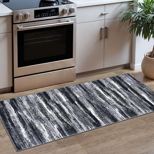 Modern Abstract 2x5 Runner Rug Non Slip Washable Kitchen Rugs (Black Grey White / 2' x 5' (Runner))