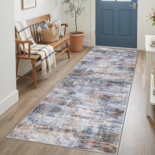 Abstract Runner Rug 3x7 Ft Washable Runners for Hallways (Orange/Brown/Grey / 3' x 7' (Rectangular))