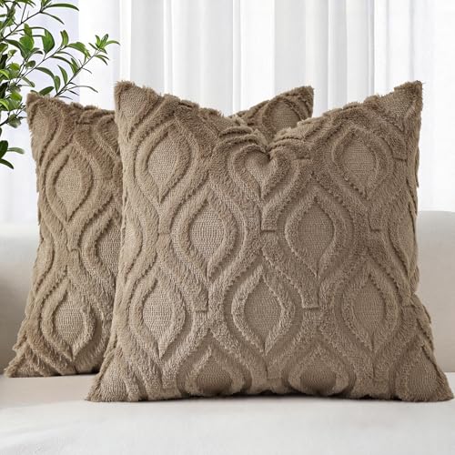 Faux Fur Soft Light Brown Throw Pillow Covers 20x20 Set of 2 (20" x 20" (Pack of 2) / Light Brown)