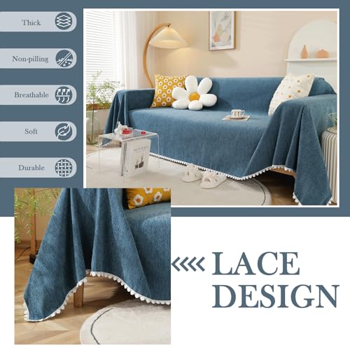 Blue Sectional Couch Covers Easy Fitted Sofa Covers for 3 Cushion Couch Universal Chenille Sofa Cover Durable Furniture Protector with Floral Lace Bottom for Kids Dogs Pets (71" x 150" / Daisy:blue)