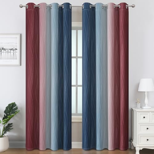 Navy Blue and Burgundy Red Ombre Blackout Bedroom Curtains 108 Inches Long (Navy Blue and Burgundy Red / 52"W x 108"L (Pack of 2))