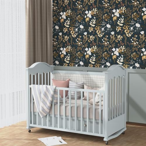 Vintage Dark Navy Gold Floral Peel and Stick Wallpaper 17.5"x118" (Blue&White / 118" x 17.5")
