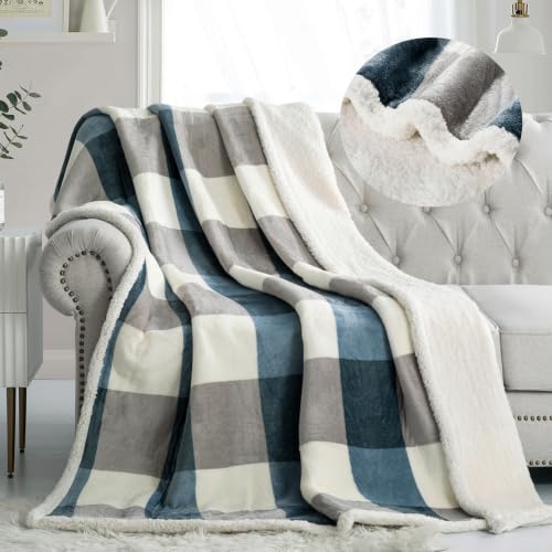 Sherpa Fleece Throw Blanket 60" x 80" Reversible Plush Fluffy Large Big Blanket Lattice Flannel Blankets for Sofa Couch Bed (Grey-blue / 60"*80")