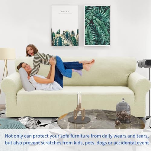 1 Piece Jacquard Couch Covers for 3 Cushion Couch Living Room High Stretch Sofa Cover Pets Dogs Friendly Anti Slip Thickened Slipcovers Furniture Protector (Large (71"-90") / New Pattern Light Beige)