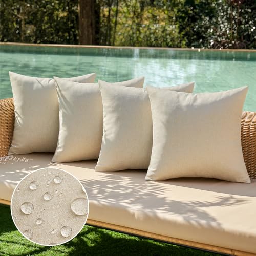 Pack of 4 Decorative Outdoor Throw Pillow Covers Linen Waterproof Pillow Covers Summer Farmhouse Cushion Cases for Patio Garden Tent Balcony Couch Sofa 16x16 Inch Beige (16" x 16" (Pack of 4) / Beige)
