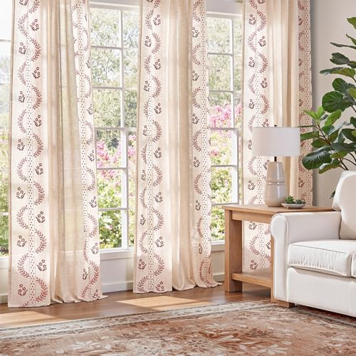 Floral Linen Curtains 96 Inch Farmhouse Back Tab 2 Panels (Red / 50"W x 96"L (Pack of 2))