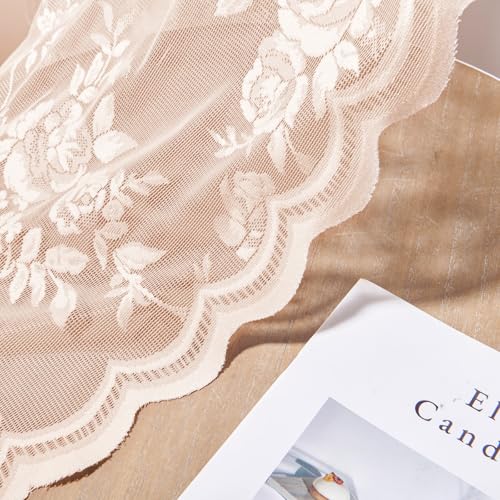 Blush Pink Lace Cafe Curtains 24 Inch Length 2 Panels set Country Floral Sheer Curtains Rod Pocket Short Kitchen Decor Light Filtering Small Window Bathroom Basement RV Laundry Camper (26"W x 24"L (Pack of 2) / Blush Pink)