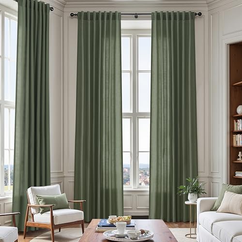 Olive Green Linen Curtains 124 Inch Extra Long for Living Room Back Tab Light Filtering Semi Sheer Drapes Modern Farmhouse Boho Decor Cotton Textured Curtain for Floor to Ceiling High Window 52x124 (52"W x 124"L (Pack of 2) / Loden)