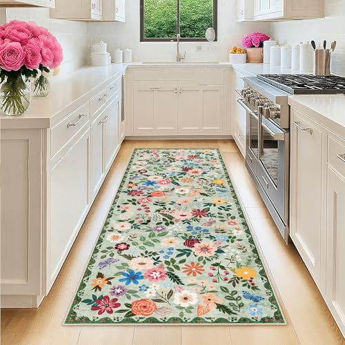 2x6 Washable Runner Rug：Floral Indoor Kitchen Soft Carpet Green (Green / 2' x 6' (Runner))