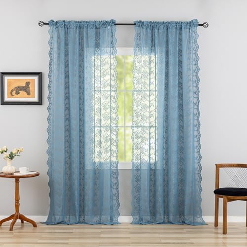 Vintage Lace Curtains 102 Inches Long (Stone Blue / 52"W x 102"L (Pack of 2))