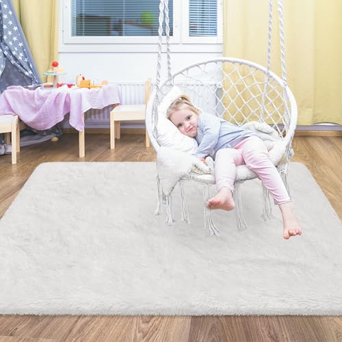 Small Area Rug for Bedroom 3x5ft Mini White Fluffy Rug Mat Bedside Throw Rug for Kids Room Boys Teens Nursery Baby Dorm Living Room Home Decor Aesthetic Carpets (White / 3' x 5' (Rectangular))