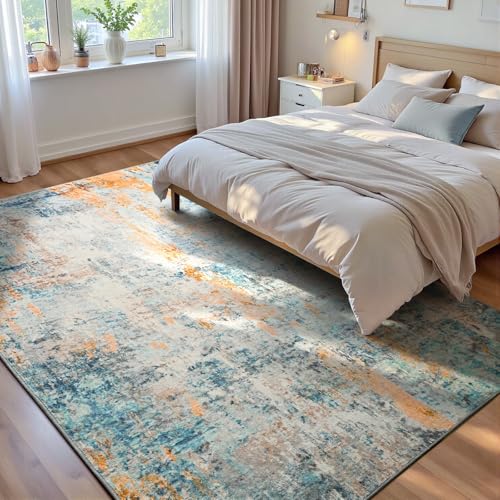 Living Room Rug 5x7 Blue Area Rug Machine Washable Boho Rug Non Slip Abstract Vintage Indoor Large Rugs for Bedroom (Blue / 5' x 7' (Rectangular))