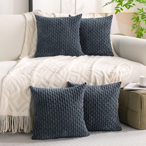 Set of 4 Grey Blue Decorative Throw Pillow Covers 16x16 Inch Corduroy Pillow Covers for Bed Couch Sofa Living Room Soft Square Cushion Cases (Grey Blue / 16" x 16" (Pack of 4))