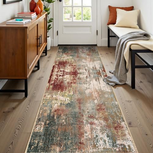 Washable Runner 2'x8' Abstract Area Rug for Hallway Rustic Brown (Rust Red/Green/Blue/Multi / 2' x 8' (Runner))