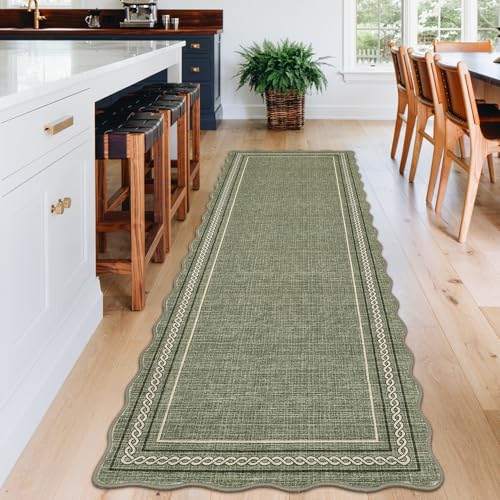 Scalloped Runner Rug for Hallway 2x10 Non Slip Washable (Green / 2' x 10' (Runner))