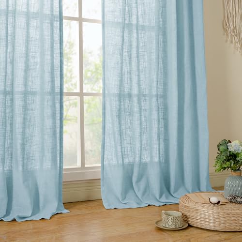 Semi Sheer Linen Curtains 45 Inches Long for Windows (Stone Blue / 52"W x 45"L (Pack of 2))