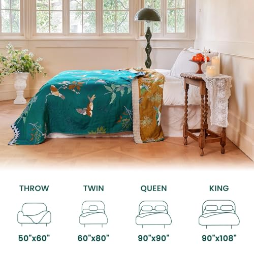 Boho Throw Blanket 60"x80" Aviary Botanical Cotton Throw Blanket (Teal Green / 60"x80")