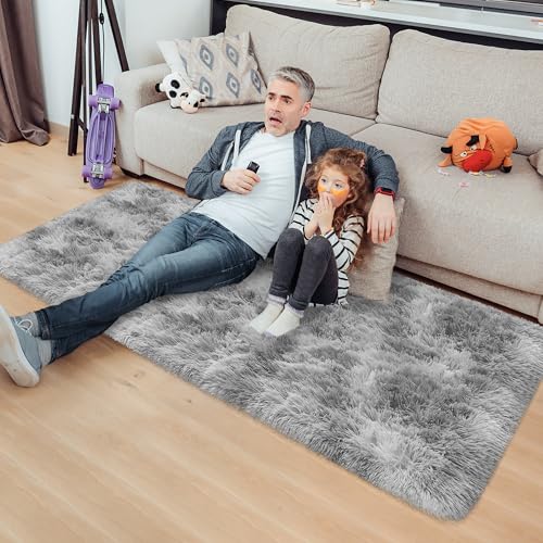 Super Soft Fluffy Living Room Area Rug 2x5 ft Tie (Tie-dyed Grey / 2' x 5' (Runner))