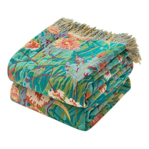 Boho Throw Blanket 50"x60" 100% Cotton Floral Blanket for Couch Bed (Flowers Green / 50"x60")