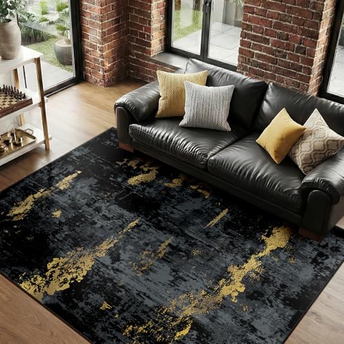 Washable 9'x12' Abstract Area Rug for Living Room Black Gold (Black/Gold / 9' x 12' (Rectangular))