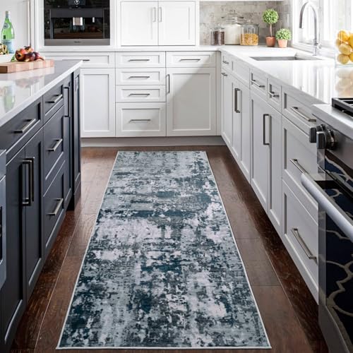 Runner Rugs for Hallways Kitchen 2.6x8 Non Slip Washable Navy Grey (Navy/Grey / 2'6" x 8' (Rectangular))
