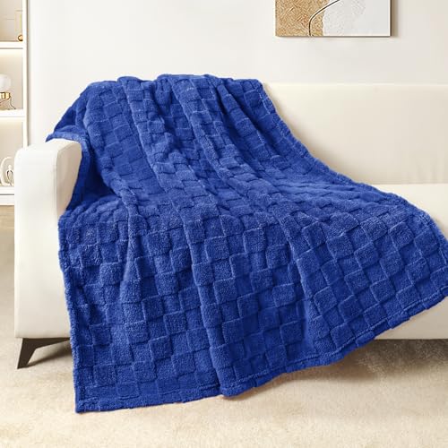 3D Checkered Fleece Throw Blanket for Couch (Cobalt Blue / Throw (50"x60"))