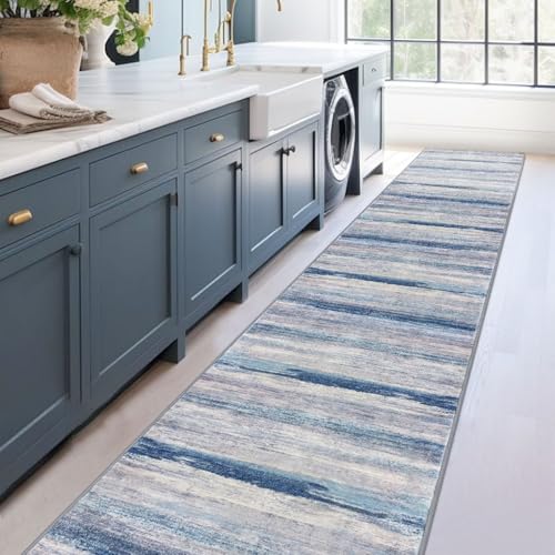 Modern Abstract Washable Long Rug Runner 2.6x18 Hallway Rug Runner Non (Blue/Grey/Beige / 2'8" x 18' (Runner))