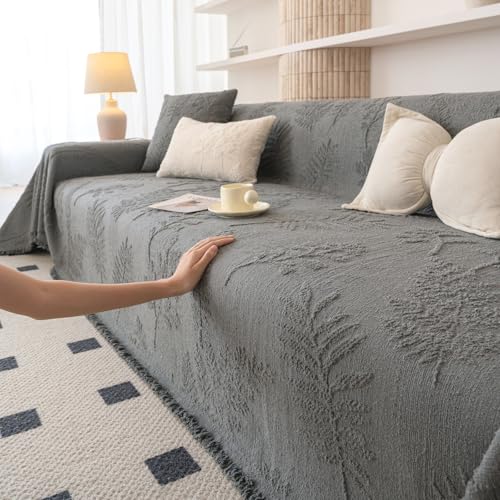 Washable Couch Covers for Sofa Boho Couch Covers for 3 Cushion Sofa Pet Friendly Grey Chenille Jacquard Couch Protector for Dogs Plant Branch Sectional Cover Sofa Slipcovers (71" x 118" / U: Grey)