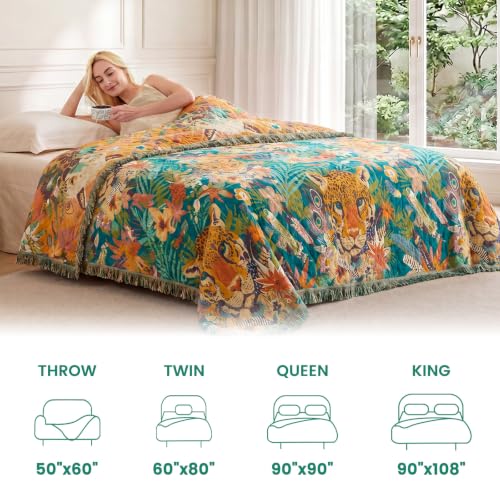 Boho Throw Blanket 50"x60" Fall Cotton Leopard Animals Blanket (Leopard Forest / 50"x60")