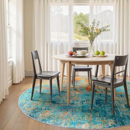 Washable Round 8ft Area Rug for Living Room Teal Multi (Teal Blue/Green/Orange / 8' (Round))