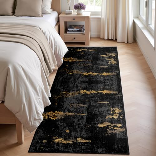 Washable Runner 2'x8' Abstract Area Rug for Hallway Black Gold (Black/Gold / 2' x 8' (Runner))