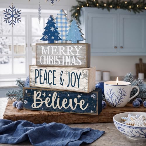 4 Pcs Christmas Table Decorations Blue Christmas Tree Stacked Wooden Sign Decor Rustic Winter Tiered Tray Decor Blue and White Xmas Table Centerpiece Farmhouse for Home Kitchen Shelf (Rustic Decorative)
