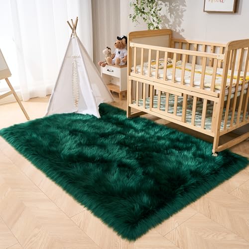 Ultra Soft Fluffy Shaggy Area Rug Faux Fur Rug Chair Cover Seat Pad Fuzzy Area Rug for Bedroom Floor Sofa Living Room (Darkgreen / 4' x 6' (Rectangular))
