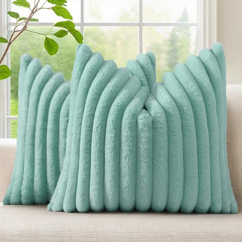Fall Faux Fur Throw Pillow Covers 24x24 Set of 2 Aqua (Aqua / 24" x 24" (Pack of 2))