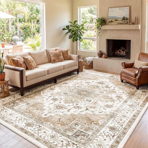 Amada Large 9x12 Washable Area Rug for Living Room (9' x 12' (Rectangular) / Distressed Beige/Cream)