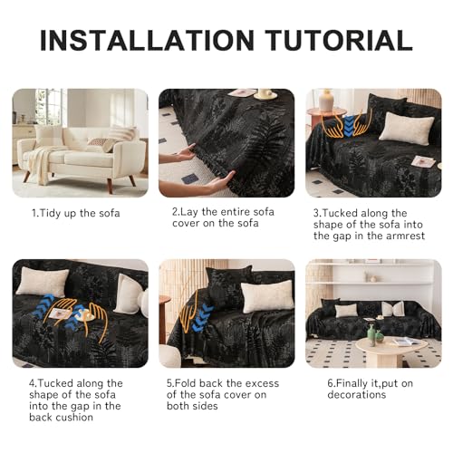 Washable Couch Covers for Sofa Boho Couch Covers for 3 Cushion Sofa Pet Friendly Black Chenille Jacquard Couch Protector for Dogs Plant Branch Sectional Cover Sofa Slipcovers (71" x 150" / U: Black)