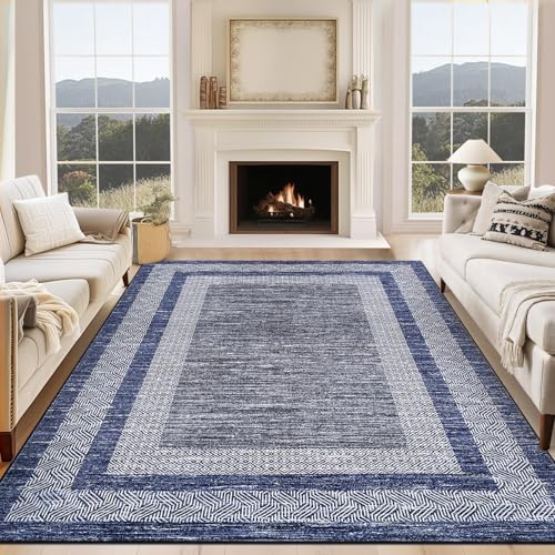 2x6 Modern Bordered Runner Rug Non Slip Washable Floor Carpet (Blue / 2' x 6' (Rectangular))