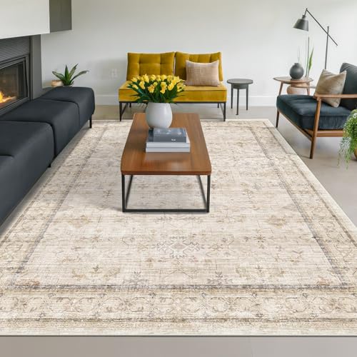 Washable Ivory Living Room Rug (8' x 10' (Rectangular) / Light Sand Beige)