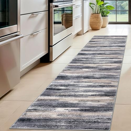 Abstract Washable 2x8 Runner Rug Non Slip Runners for Hallway (Grey Navy Blue Black Cream Tan / 2' x 8' (Runner))